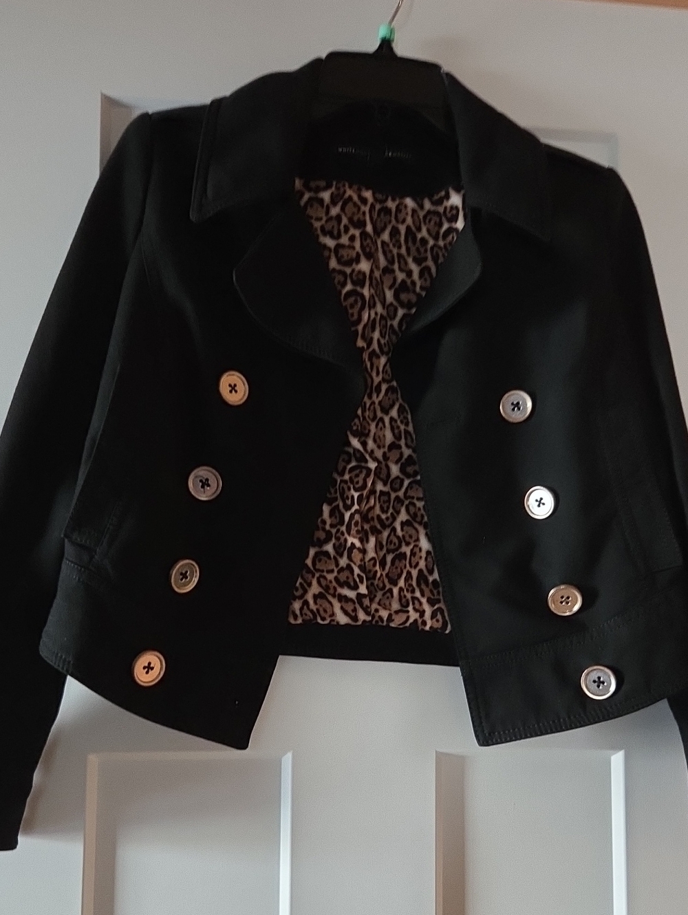White House Black Market Black Double-Breasted Pea Coat with Leopard Lining